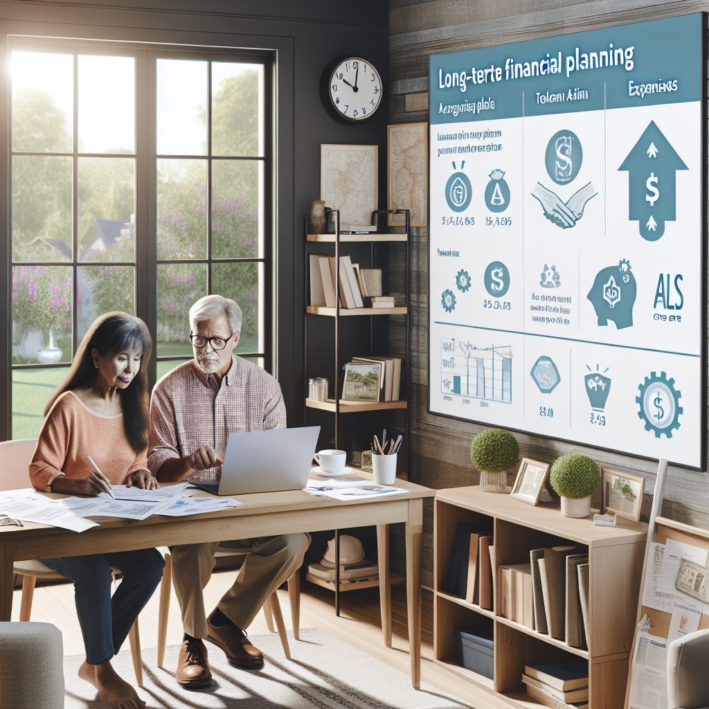 Create an image of a middle-aged Caucasian man and an older South Asian woman sitting at a comfortable home office, studying a projected infographic on the wall that illustrates various aspects of long-term financial planning and expenses related to ALS care. They have paperwork scattered on the table they're sitting at, and a laptop opened to a finance-related webpage. The room also contains wall shelves with books on finance and health, a ticking clock, and a framed map on the wall. Outside, through the window, you can see a peaceful garden.
