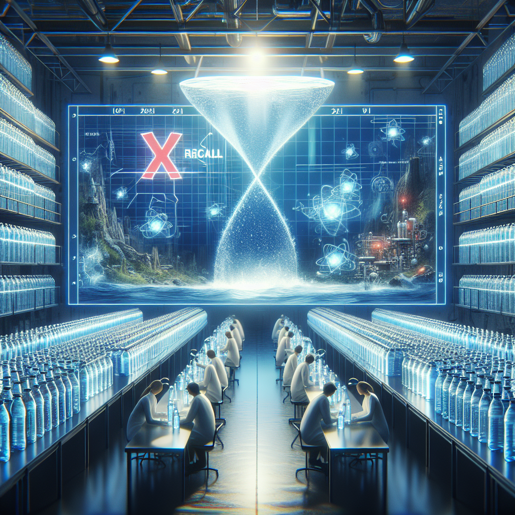 Render a breathtaking scene showing a line of water bottles with an 'X' or 'Recall' symbol displayed prominently on them, exuding the urgency of the 2021 Real Water recall. The surroundings should be a modern lab with scientists of diverse descents and mixed genders engrossed in their findings, encapsulating the shocking discoveries. In the backdrop, illustrate an element of hope symbolized by a blueprint for a new water purification system which holds promise for ALS research. This unified image symbolizes the shocking revelations, the recall event, and the possibility of breakthrough in ALS research.