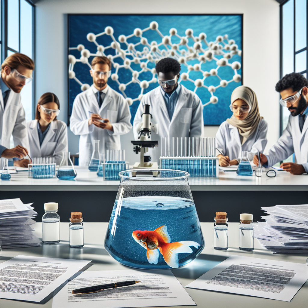 A scene depicting environmental preservation and health safety. A group of scientists, including a Caucasian man, a Middle-Eastern woman, and a Black man, are actively analyzing water samples in a modern laboratory. They are wearing white lab coats and protective eyewear. On the lab table, there are rows of petri dishes with blue water samples. The background wall features a large poster of a water molecule structure. In the foreground, a pile of rejected legislations and regulatory documents are shown. A goldfish in a clear bowl of clean water represents the goal of quality water and prevention of waterborne diseases.