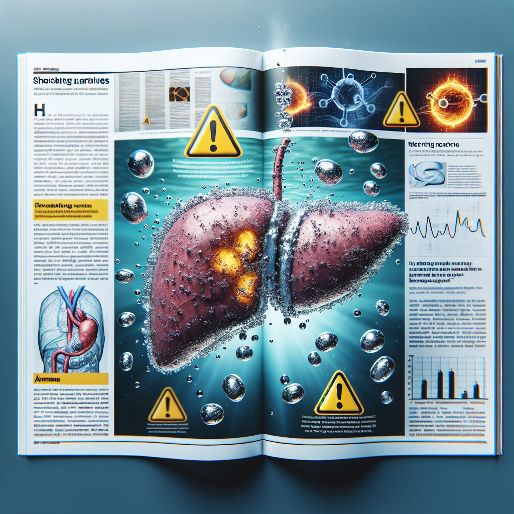 Visualize a scientific article featuring a 3D model of a liver floating on the surface of water, with visible toxic elements symbolizing hydrazine impacts. The background consists of pages from scientific studies and warning icons, emphasizing the dangerous effects of hydrazine. Supplement the image further with some shocking narratives in the form of excerpts displayed around the image, focusing on real-life health impacts from water contaminated with hydrazine.