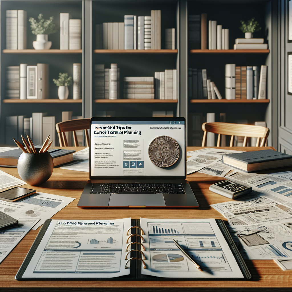 A detailed image depicting a calm, well-organized space resembling an office or study room. In the middle, there's a large wooden table with an open laptop, displaying a webinar about 'ALS Financial Planning'. Bestowment of paper notes and printed articles related to 'Essential Tips for Long-Term Survivors' are scattered across the table. In the background, a bookshelf is packed with books about personal finance and long-term care. The overall feel of the image should evoke a sense of security and preparation for the long term.