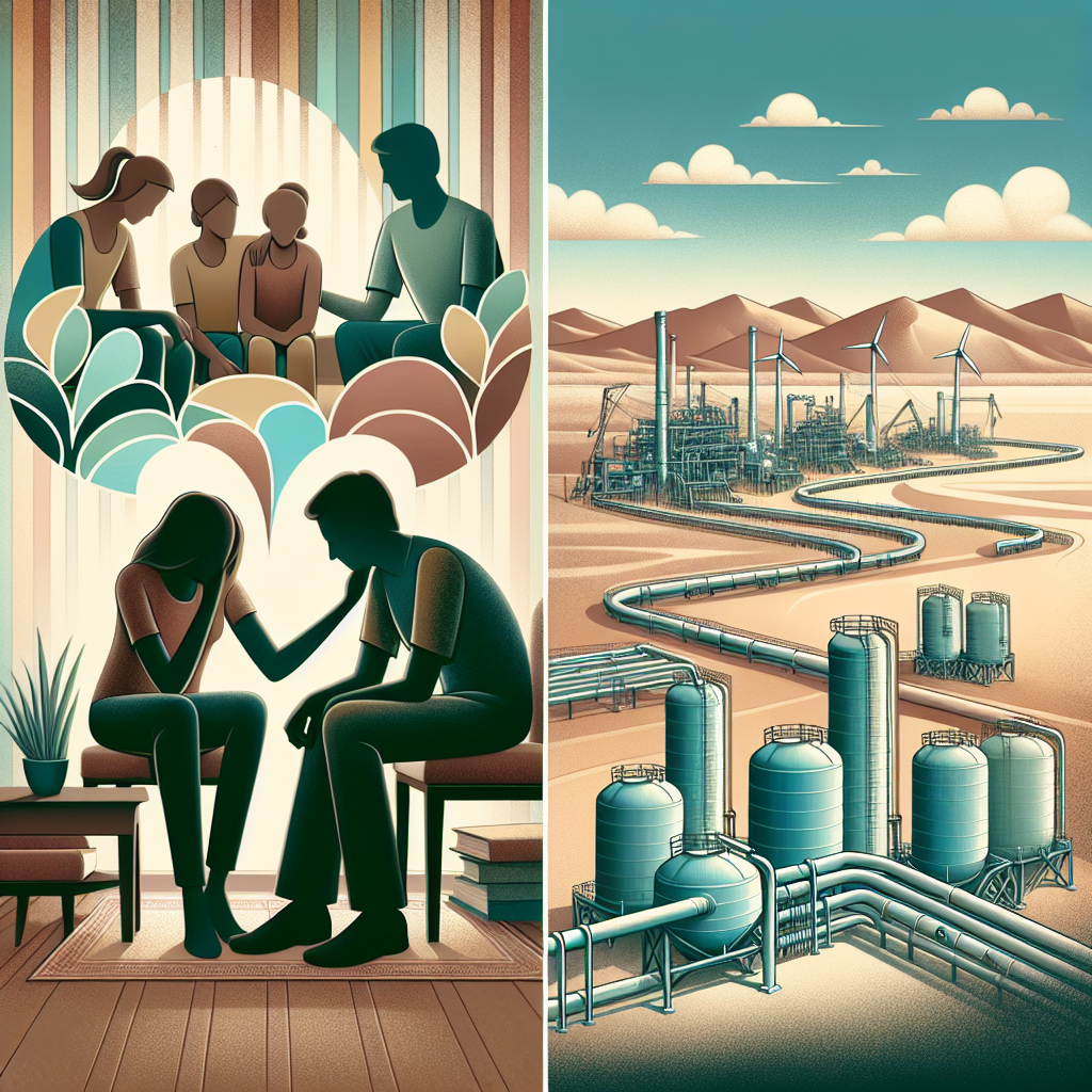Depict a family consoling each other in a living room with muted color tones to symbolize the emotional impact of an ALS diagnosis. Surround them by abstract shapes representing their varied emotions. In a second scene, illustrate an industrial water operation in the deserts of Nevada. Show vast arrays of water pipelines, tanks, and wind-powered machines. Keep the two scenes separate but within the same frame to highlight their contrasting themes. Please note: This prompt is about the emotional struggle of the family and the industrial operations in Nevada, not about a specific person.