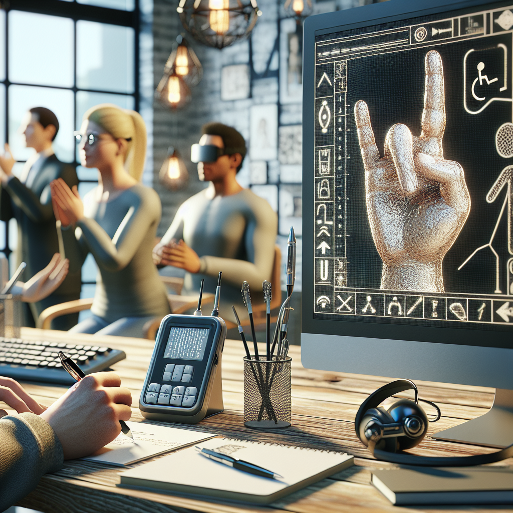 Please generate a high-quality, photorealistic image featuring a diverse group of people engaged in various forms of communication. The image should include a hand signing in American Sign Language, a speech-generating device with symbols on the screen, pen and paper for written communication, and an individual using an eye-tracking device to navigate a computer screen. The setting should be a modern, well-lit room with decoration elements that reflect a comforting and supportive environment.