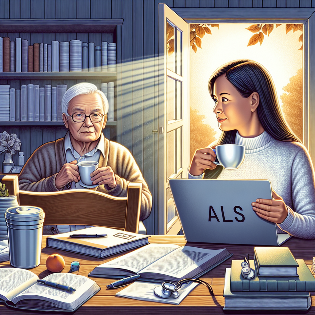 A detailed depiction of a nurturing environment for an article about ALS Spouse Caregiver. Show a resilient South-Asian woman, holding a cup of tea, looking determined and calm. She is sitting at a kitchen table filled with medical books, notes, and a laptop. On the laptop screen, a caregiving article is open, signaling her pursuit of knowledge regarding ALS. An open window nearby lets in a ray of sunlight, symbolizing hope. An elderly Caucasian man, the patient, sitting in a comfortable armchair with a warm blanket on his lap, is visible in the background.