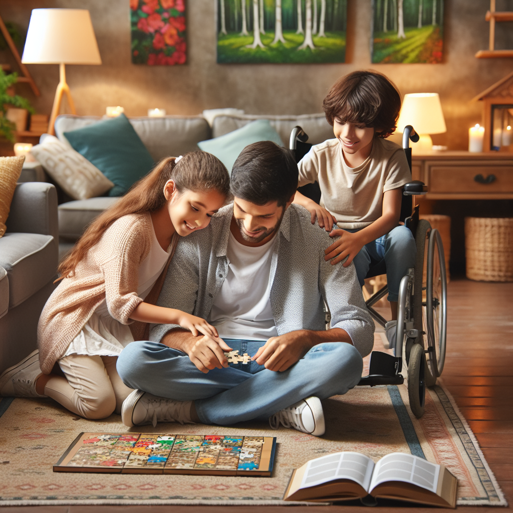 An image showcasing a heartfelt family scene in a living room setting. Two children, a Hispanic boy and a Middle-Eastern girl are sitting on the carpet, enthusiastically aiding their father, a Caucasian man in a wheelchair, with a puzzle game. The family is communicating without words, their eyes twinkling with shared understanding. In the background, open books about ALS rest on the coffee table. Creating a tranquil and supportive atmosphere are soft warm lights, a cozy sofa, and walls adorned with vibrant nature pictures. The essence of resilient love and familial bond against adversity is palpable in the setting.