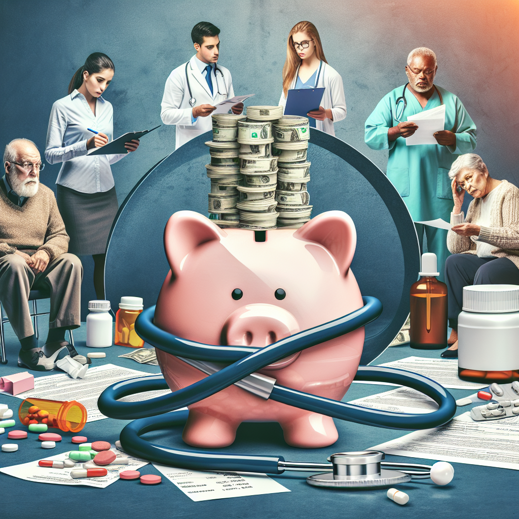 A conceptual representation of the financial burden of Amyotrophic Lateral Sclerosis (ALS) on families. An image featuring a medical stethoscope wrapped around an overflowing piggy bank symbolizing high medical costs. Around this central image, scattered medical equipment like prescriptions, medicine bottles and hospital bills form an arc. The backdrop to this features a diverse range of people, including a Caucasian woman worriedly looking at hospital bills, a South Asian man discussing financial plans with a Middle-Eastern female medical professional, and a Hispanic elderly couple studying insurance paperwork.