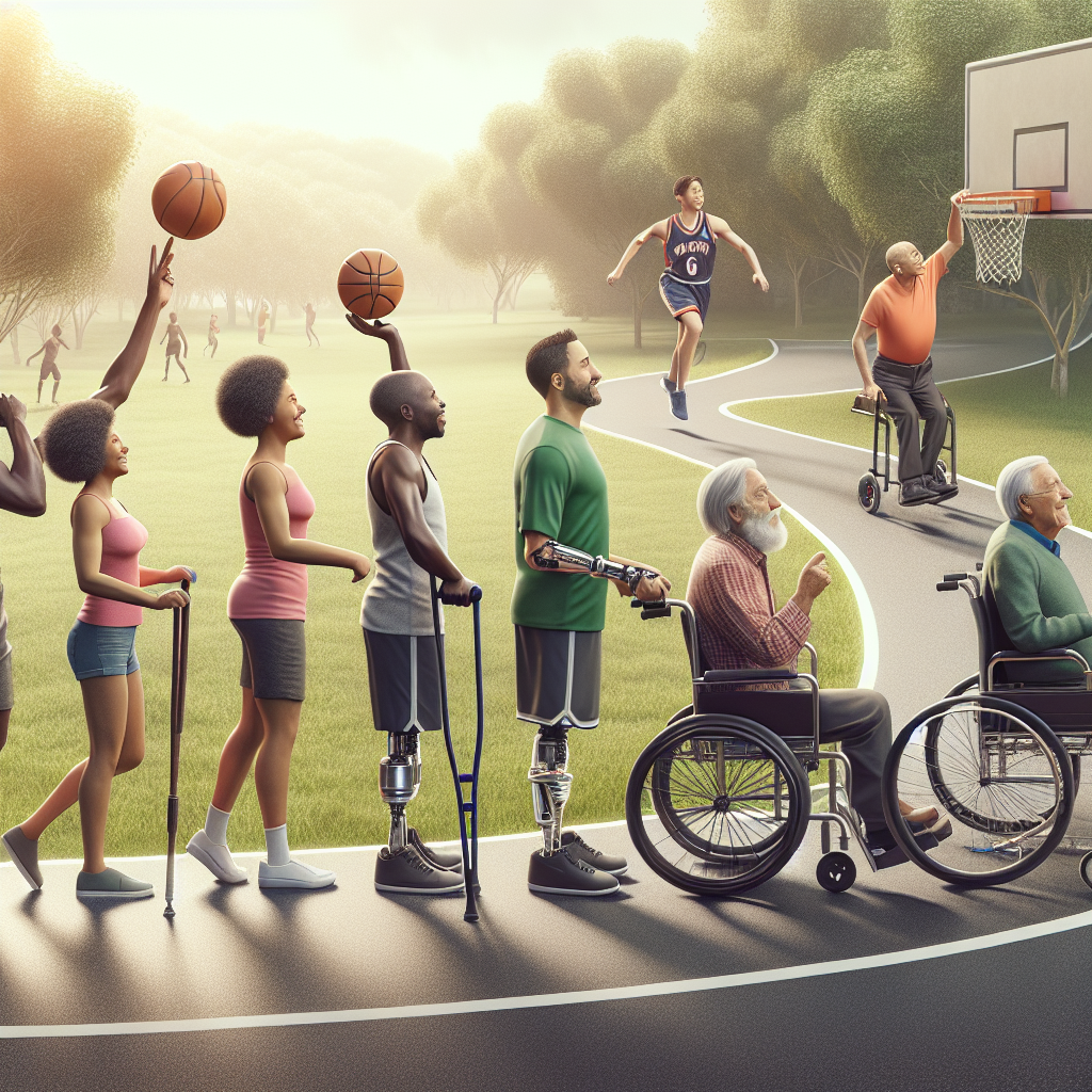 Generate a high-quality, photorealistic image representing the progression of ALS (Amyotrophic lateral sclerosis) and its impact on mobility over time. Start with a joyful scenario of a diverse group of people playing a game of basketball, then transition to a scene featuring a middle-aged Black man using forearm crutches, followed by a Hispanic woman in a manual wheelchair, and conclude with a mature Caucasian man in a high-tech electric wheelchair fitted with a speech-generating device. Please, present this progression as a continuous journey on a winding path amidst a serene landscape.