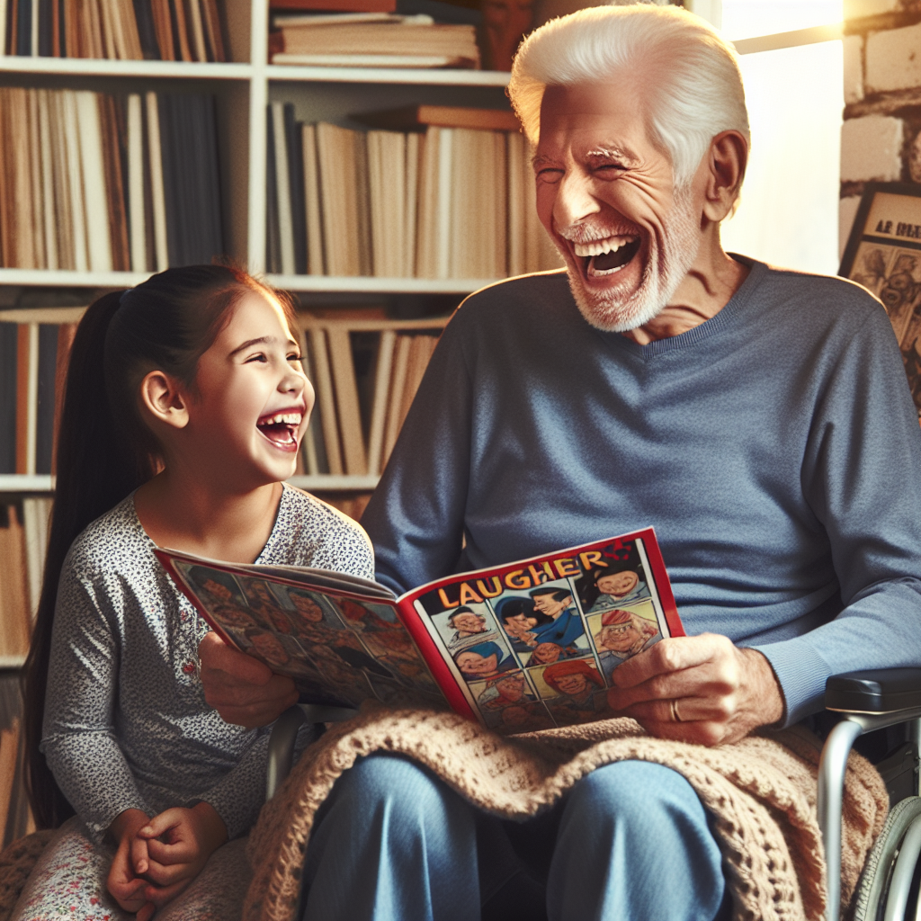 Generate a high-quality, photorealistic image for an article about: A Caucasian elderly man with a joyous smile, using a wheelchair, sharing humorous comic books with his young Hispanic granddaughter. The room surrounding them is filled with sense of warmth and familial love, as they are sitting under a cozy blanket, both laughing heartily. The bookshelf in the background displays quite a collection of rib-tickling humor novels. Illuminate the transformative power of laughter in building family resilience, specifically in the context of aging and disability.
