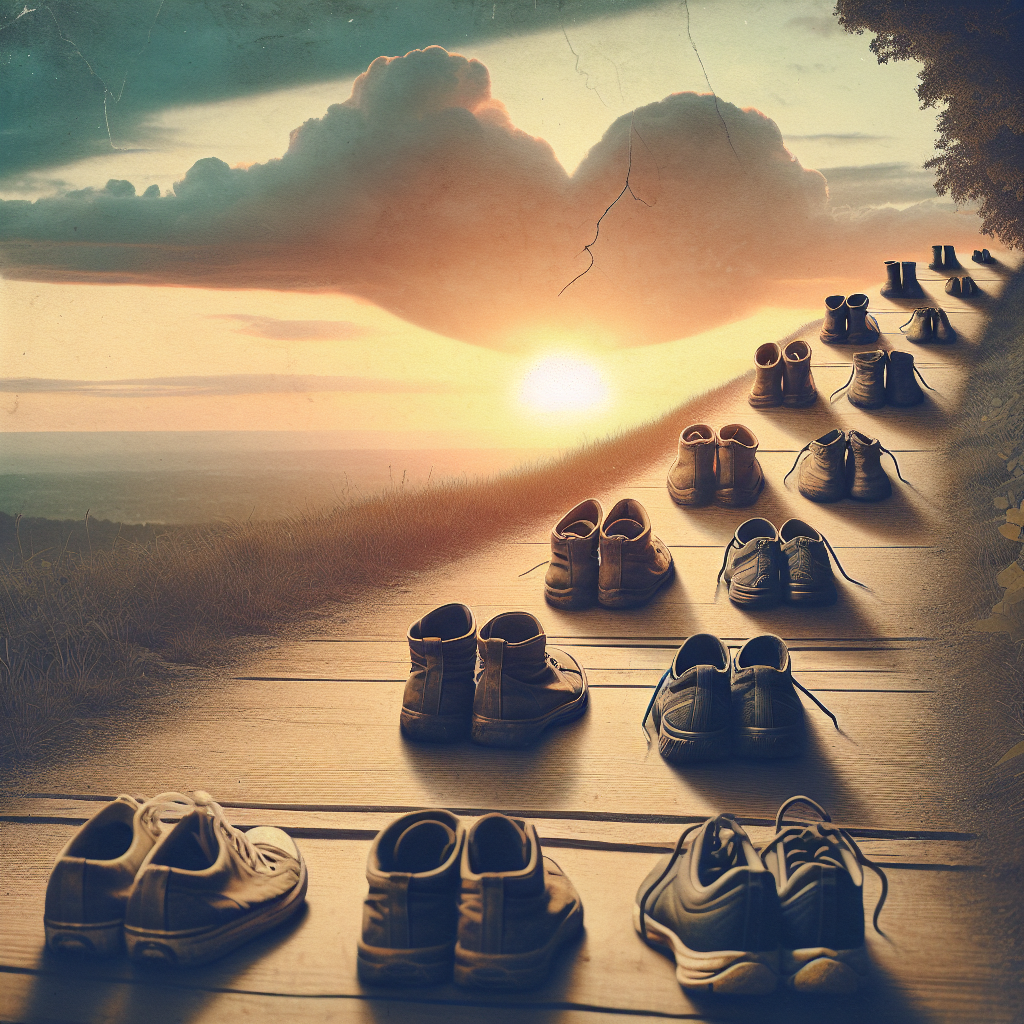 Create a poignant image reflecting an individual's journey with ALS (Amyotrophic Lateral Sclerosis) focusing on the evolution of mobility concerns. Showcase a series of empty shoes in various sizes, symbolizing steps taken over time. These shoes should be placed on a scenic trail, demonstrating progress, but also the challenge that lies ahead. Use faded colors to capture a sense of melancholy, yet reserve a hint of vibrance as a nod towards resilience and hope as the sun sets in the backdrop. Please add a heart-shaped cloud in the sky to symbolize the heartbreaking aspect of the illness.