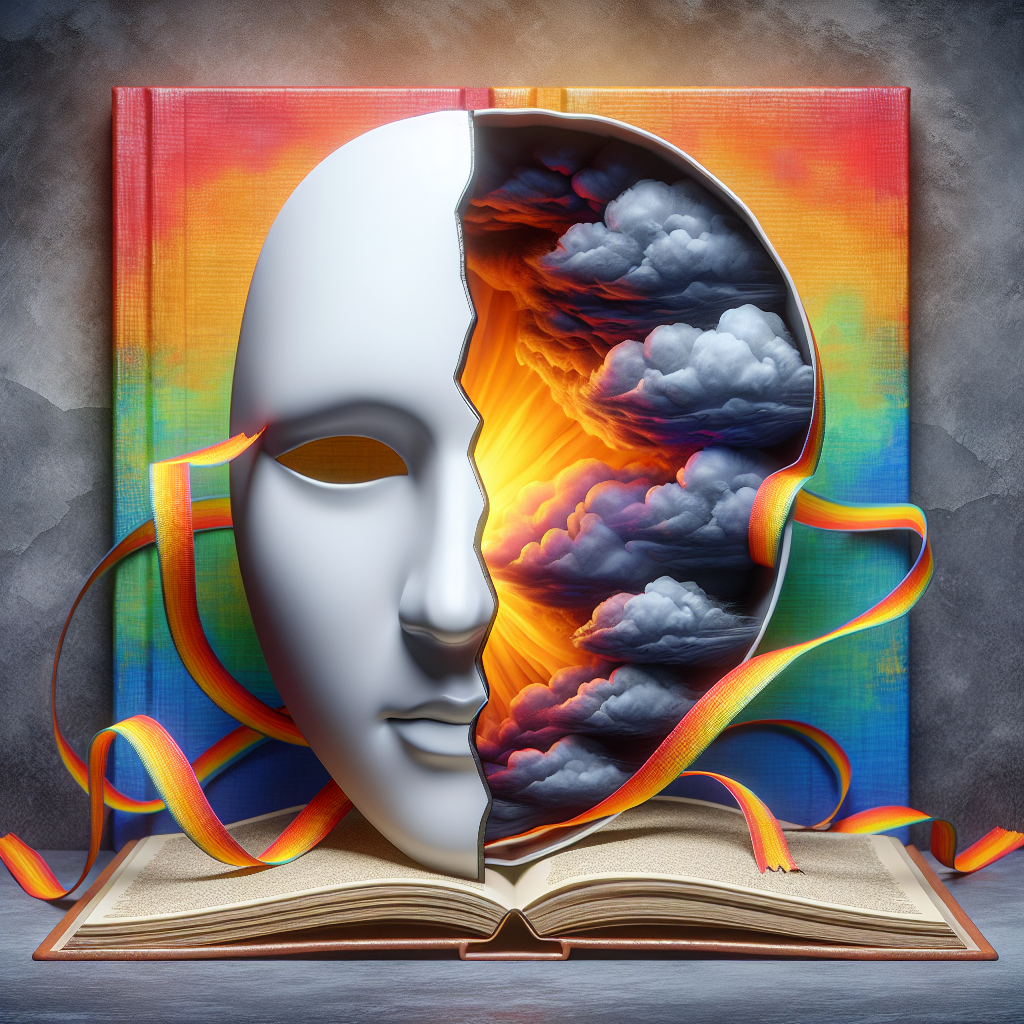 A symbolic visual representation of the mental health impact of ALS Depression. The image is abstract but meaningful. It comprises a cracked porcelain mask that's bright and cheerful on the outside, representing the exterior facade, with stormy clouds and dark shadows seen through the crack symbolizing the mental turmoil underneath. There's a background of an open book, representing knowledge and understanding, and a frayed, vividly colored ribbon winding around it all, subtly symbolizing hope and resilience in adversity.