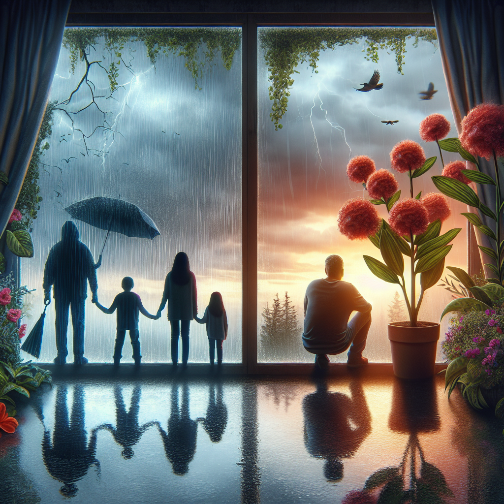 Create a poignant image representing a family grappling with an ALS terminal diagnosis, yet refusing to give in to despair. Visualize a rainy window with a view of a gloomy, overcast sky, symbolizing the heartbreak and difficult times. At the same time, a resilient plant with vibrant blooms in the foreground, thriving despite the harsh weather, symbolizes the family's unyielding hope. The family's reflection can be subtly seen on the window glass, and they should be diverse in both gender and descent, representing unity in tough times.