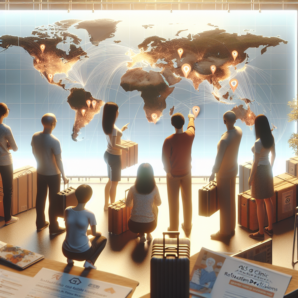Create a high quality, photorealistic image reflecting the theme of an article: 'ALS Clinic Access: Ultimate Guide to Family Relocation Decisions'. The image should have a diverse group of people examining a large world map with various location markers. One person, an Asian woman, should be seen pointing at one of the markers. In the foreground, there should be a table displaying pamphlets with various tips on relocation, packing and medical care. The atmosphere should be warm and supportive, communicating helpfulness, care, and determination.