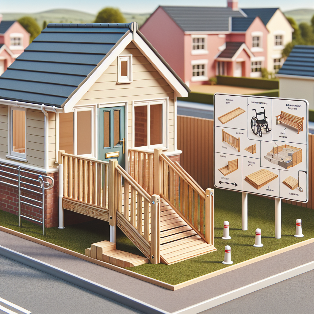 Visualize a detailed scene of a domestic house with a sturdy wooden accessibility ramp installed at the front entrance. The house should be colourful and inviting. A signpost nearby with an illustrative guide that breaks down the cost of various components and the overall affordability of the installation should also be included. The ramp should have handles on both sides for easy access, and there should be a vista of a quiet residential neighbourhood in the background. Please avoid displaying any people in the image.