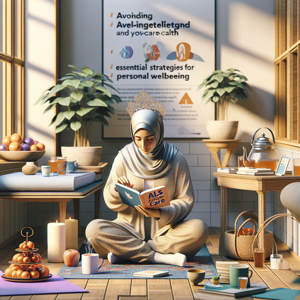 A detailed and realistic visual for an educational article. The main theme is about ALS caregiver health which focuses on avoiding self-neglect and adopting essential strategies for personal wellbeing. The scene includes an environment that complements relaxation and self-care - perhaps a calm home interior with wellness elements visibly incorporated in the setting. In this area, a Middle-Eastern female caregiver is reading a health care book that signifies continuous learning and care strategies. She is maintaining her own health: she is visibly relaxed, drinking tea and her surrounding area contains elements such as a yoga mat and fruits, signifying physical exercise and good nutrition. The image is subtly charged with a sense of calm, indicating the importance of mental health alongside physical health.