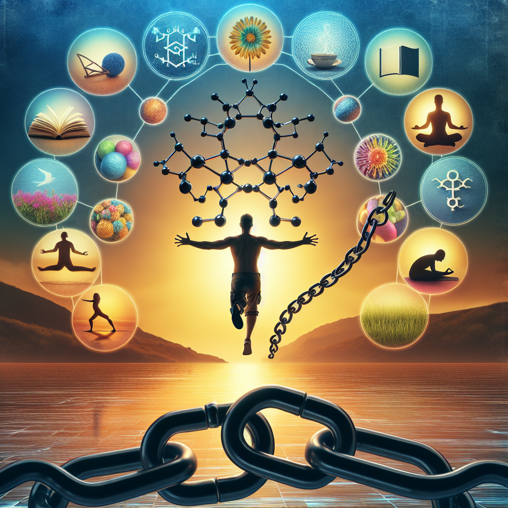 Create a photorealistic depiction that captures the concept of overcoming ALS-induced anxiety attacks. Incorporate symbolism such as a silhouetted individual breaking free from a chain shaped like the molecule structure of ALS. Surround this with a background displaying diverse strategies represented as symbols like a book (knowledge), yoga mat (physical wellness), and a calming landscape (mindfulness). Use soothing colors that evoke peace and resilience throughout the image. Note: This image should not include any individuals but rather symbols representing anxiety, ALS, and strategies to combat anxiety attacks.