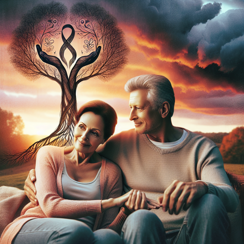 Create a heartwarming, visually striking image that showcases the theme of a strong marriage enduring adversity. The composition should feature a middle-aged Caucasian husband and a Hispanic wife enduring life's challenges together, symbolizing their remarkable resilience. They're siting together outdoors, apholding each other in a cozy, sunset-lit scene. Subtle symbols such as intertwined hands and supportive smiles should hint at their journey with ALS. Nature in the background further reinforces the theme of resilience, showing a resilient tree standing firm amidst the storms.