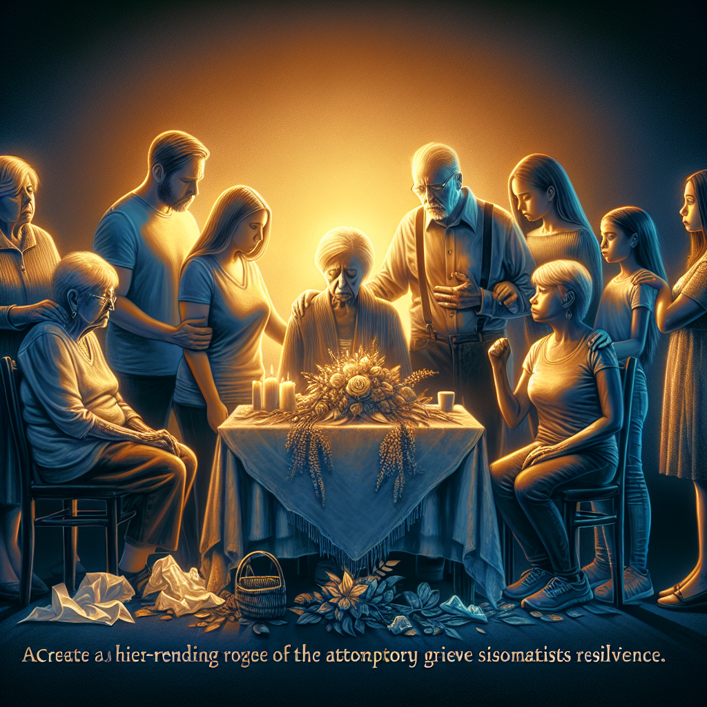 Create a heart-rending image reflecting on the anticipatory grief associated with ALS. Visualize a family in a solemn and supportive gathering, subtly revealing the emotional strain while portraying their strong bond. Capture a blend of hope and despair, illustrating that underneath the immense sorrow exists resilience. Include symbolic elements such as a dimly lit room, a crumpled tissue and perhaps an empty chair, signifying absence. The family should consist of an elderly Caucasian woman, a middle-aged Black man, a young South Asian woman and a Hispanic teenager - representing different stages of life and diversity.