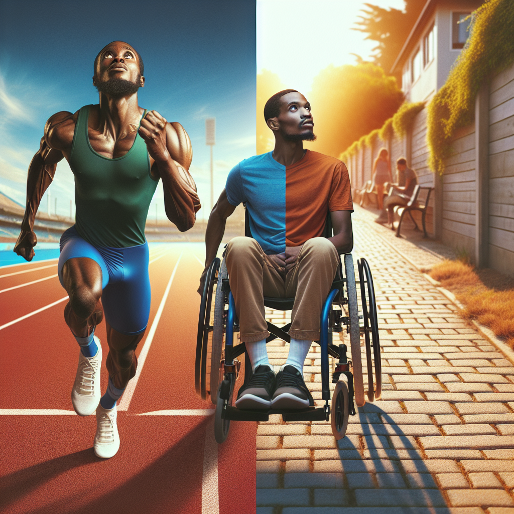 Create an image showcasing a before-and-after visual. On the one half of the image, depict a muscular African athlete in professional track and field attire, radiating energy and determination on a bright sunny day, mid-sprint on an Olympic-standard running track. On the other half, depict the same athlete, now physically fit, in casual, comfortable clothing, sitting in a wheelchair on a paved neighborhood street on a warm evening, still radiating determination as they navigate their new lifestyle after being diagnosed with ALS.