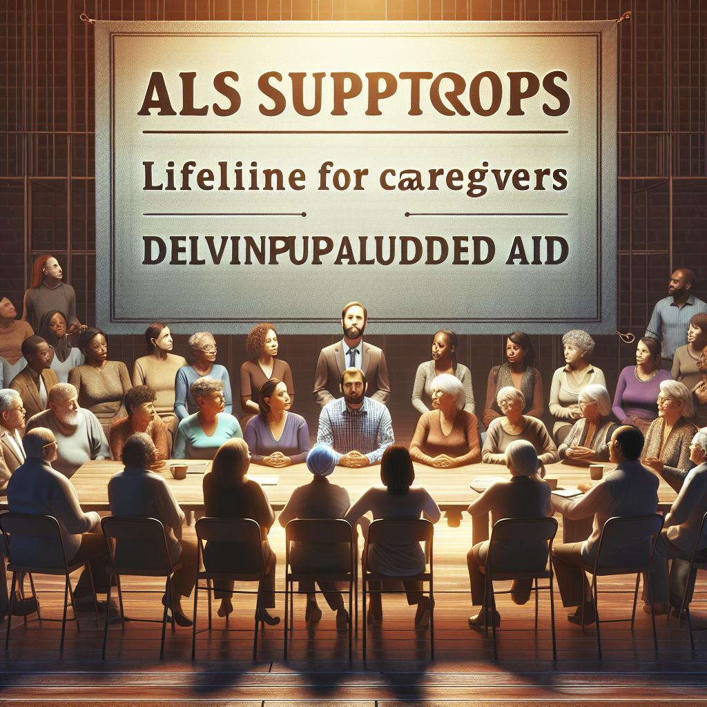 Create an emotionally stirring image representing the theme 'ALS Support Groups: Lifeline for Caregivers Delivering Unparalleled Aid'. The setting should be a warmly lit meeting room. Featured in the picture should be a diverse group of individuals - approximately equal numbers of men and women, depicting various descents such as Caucasian, Black, Middle-Eastern, South Asian and Hispanic, engaged in conversation and sharing. Display a banner in the background with the text 'ALS Caregiver Support Group'. The overall atmosphere should convey support, unity, and empathy, highlighting the role of these support groups in providing phenomenal assistance to caregivers.