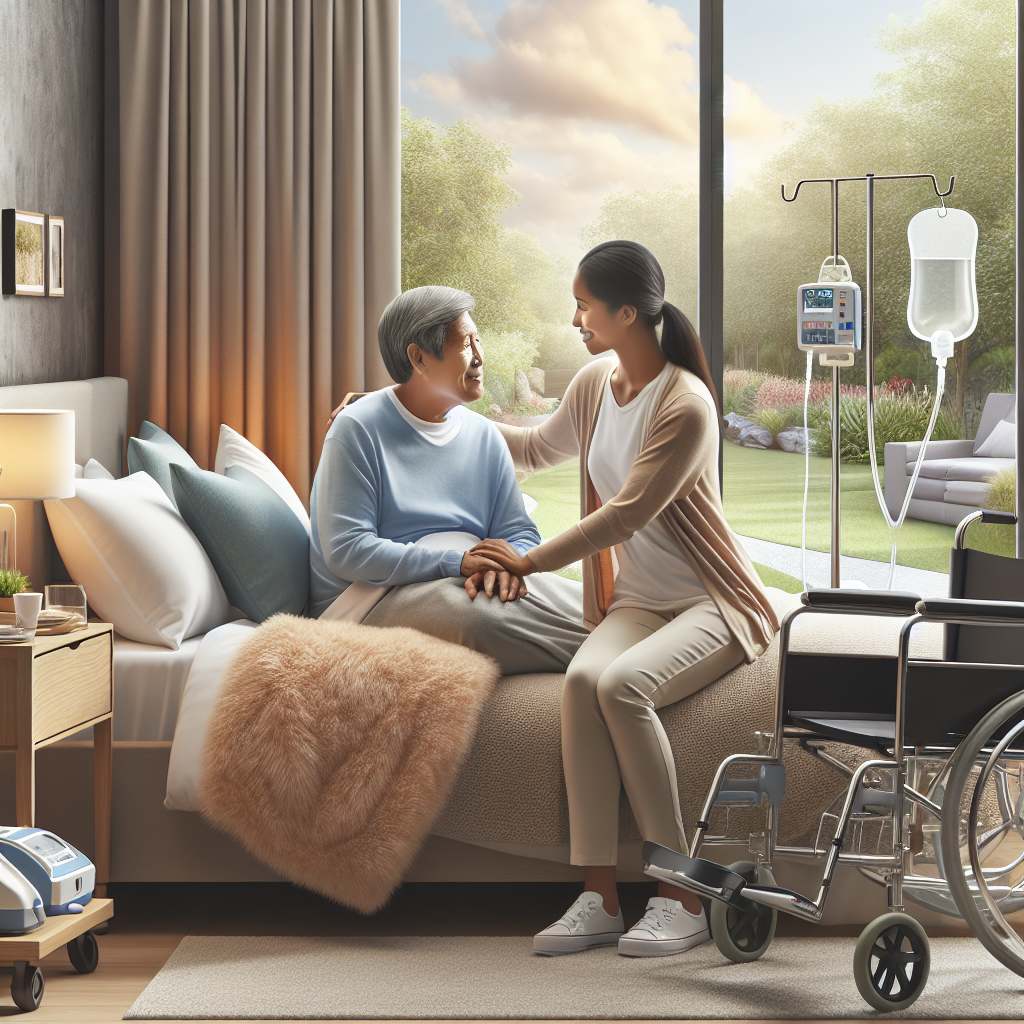 Generate an image that shows the concept of ALS (Amyotrophic lateral sclerosis) care. The scene should showcase a comfortable and serene environment with a patient, an Asian male, receiving support from a caregiver, a Black female. The room is filled with plush pillows, soft bedding, soothing wall colors, and an outside view depicting a peaceful garden. Near the patient's bed, there are various care equipments like a wheelchair, a respiratory support machine, etc. The caregiver, with a gentle smile, is holding the patient's hand, demonstrating emotional support and empathy.