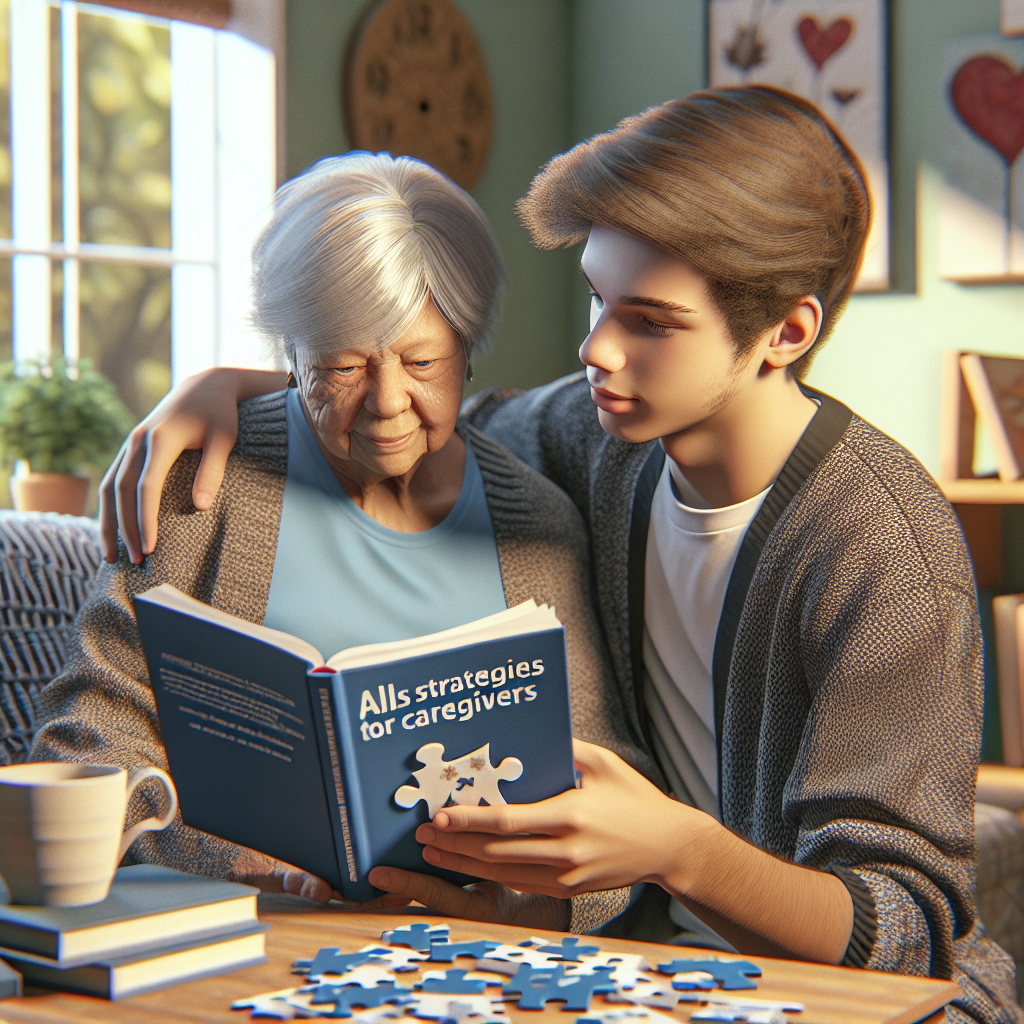 Create a photorealistic image depicting a teenage caregiver from a Middle-Eastern descent. He is helping an ALS patient, who is a Black elderly woman, with her daily activities. The environment is cozy and calming to depict the ease of family tension and comfort. The teenager is reading a big manual book titled 'Thrilling Strategies for Caregivers' with great interest. Make sure their expressions convey compassion, understanding, and patience. Introduce elements that symbolize unity and harmony, like a jigsaw puzzle being completed, or tightly held hands.