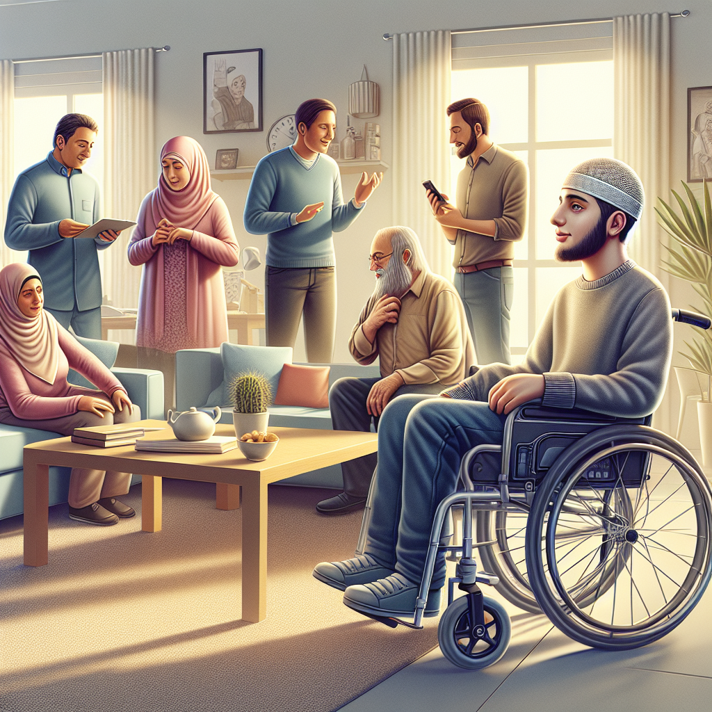 Create a photorealistic illustration showing the everyday struggles related to living with ALS. Feature a family in a home setting, where one member is of Middle-Eastern descent and is using a wheelchair, suggesting mobility limitation due to ALS. Other family members and friends, of diverse descents and genders, are engaging in daily life activities, inadvertently isolating the individual with ALS. Use subtle visual cues such as distance and differential involvement in activities to depict the unseen struggle of isolation. Please ensure the tone is respectful and empathetic, emphasizing the hidden difficulties of living with an invisible illness.