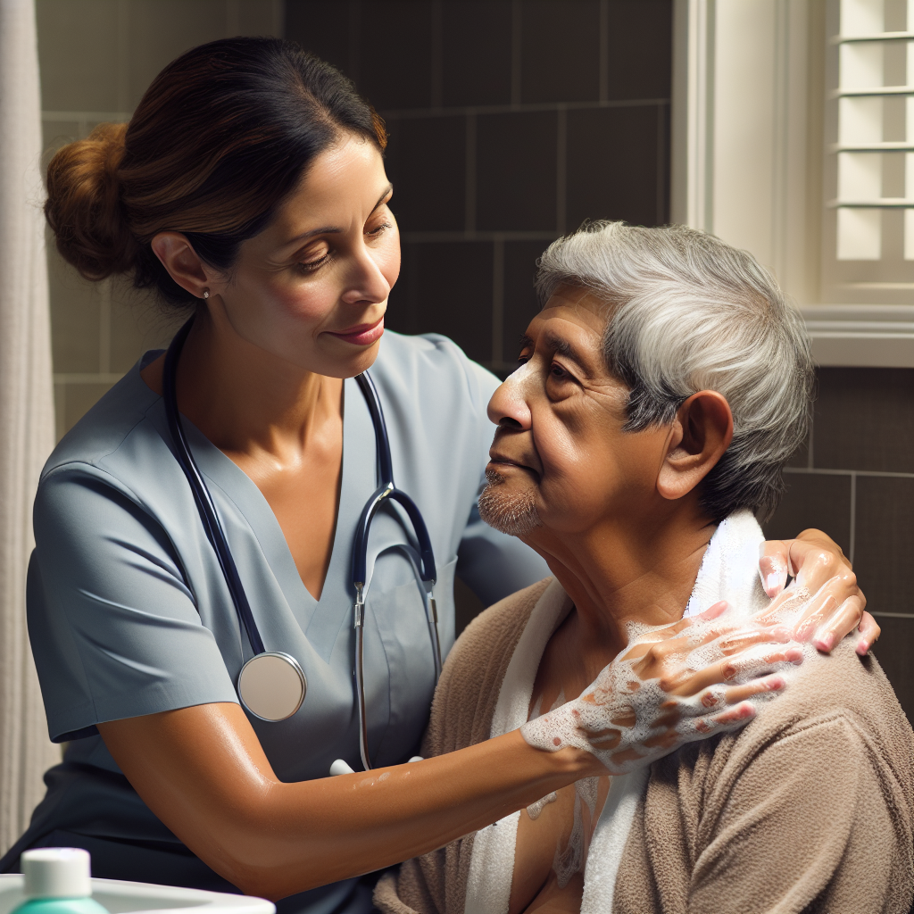 Generate a photorealistic image depicting a scene of an ALS bathing caregiver providing dedicated care. Use this image to capture the strength of intimate care. This caring scene involves a middle-aged Hispanic female caregiver tending to an older South Asian male patient with loving attention. The caregiver should be dressed in professional nursing attire, and the patient should wear a comfortable bathing robe. Both should be in a well-equipped bathroom setting suitable for providing ALS patient care. The caregiver's strength, compassion, and dedication are clearly evident through her professional and careful handling of the patient.