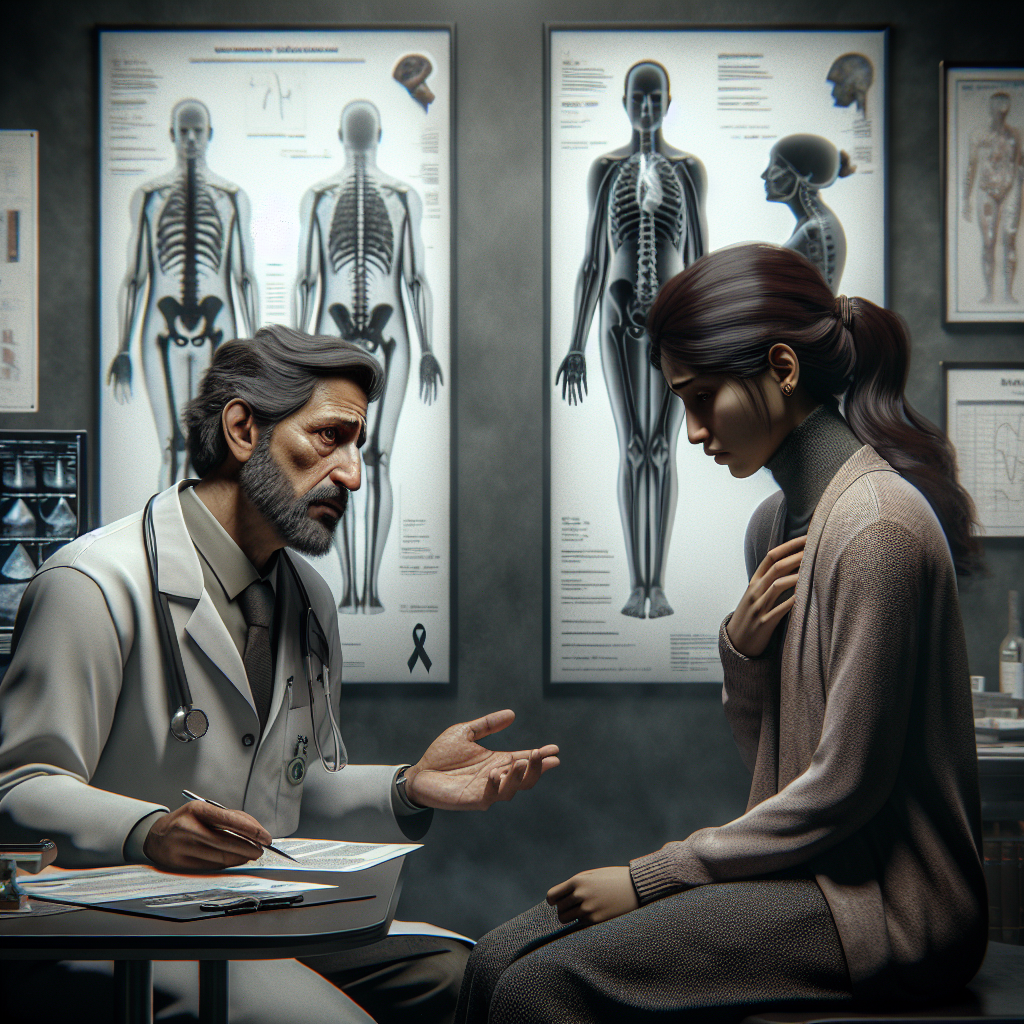 A photorealistic image depicting a somber medical setting. In the center of the image, there's a seasoned doctor of Middle-Eastern descent, male, who is delivering a diagnosis to a patient. The patient is a woman of South Asian descent, showing a range of emotions such as disbelief and shock; she's obviously distressed by the news. The scene should resonate with the immense heartbreak associated with the moment. Characters are surrounded by medical reports and a gloomy atmosphere, subtly hinting at the severity of the diagnosis. There are visual references to ALS (amyotrophic lateral sclerosis), such as a model of a spinal cord and the ALS ribbon, but no direct references to a specific individual or cure.