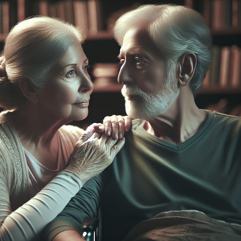 Generate a photorealistic image of an emotional moment of silent goodbye. Two elderly individuals, a Caucasian woman and a Middle-Eastern man, are in a softly lit room filled with bookshelves. Both are sitting comfortably and side by side, each in their own wheelchair. The woman is looking lovingly and intently into the man's eyes while the man, bearing a peaceful expression, returns her gaze. It's a powerful moment filled with strength, courage, and silent farewells. Despite the lack of words, their intimate and intense eye contact communicates more than any dialogue ever could.