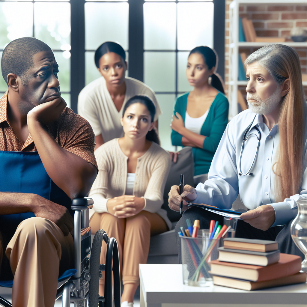 Generate a vivid, high-quality and photorealistic image that depicts a scene in an article titled 'ALS Family Resentment: Overcome Caregiver Anger with Powerful Strategies'. The image is to include a stressed Caucasian female caregiver at the foreground, in the middle an ALS patient, a Black male in a wheelchair, and at the back, a supportive family comprising of a Hispanic father and daughter listening attentively to a South Asian male therapist. They are all in a brightly lit home environment with elements such as books, notepads, pens symbolising therapy strategies. The overlying mood should convey hope and resilience, showing that overcoming caregiver anger is possible.