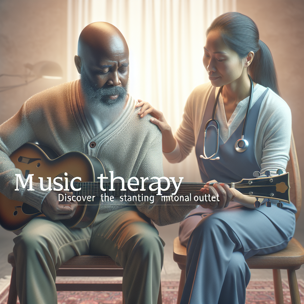 Create a photorealistic image displaying an ALS patient engaging in music therapy. Show an environment that instills tranquility with soft, soothing colors in the background. The patient, a Black man, is holding a musical instrument, possibly a guitar or a piano at his fingertips. A female South Asian therapist, is sitting beside him, guiding his hands over the instrument. The expression on their faces should highlight the profound emotional connection they are experiencing through this therapeutic encounter. The title 'ALS Music Therapy: Discover the Stunning Emotional Outlet' should appear distinctly on the image.