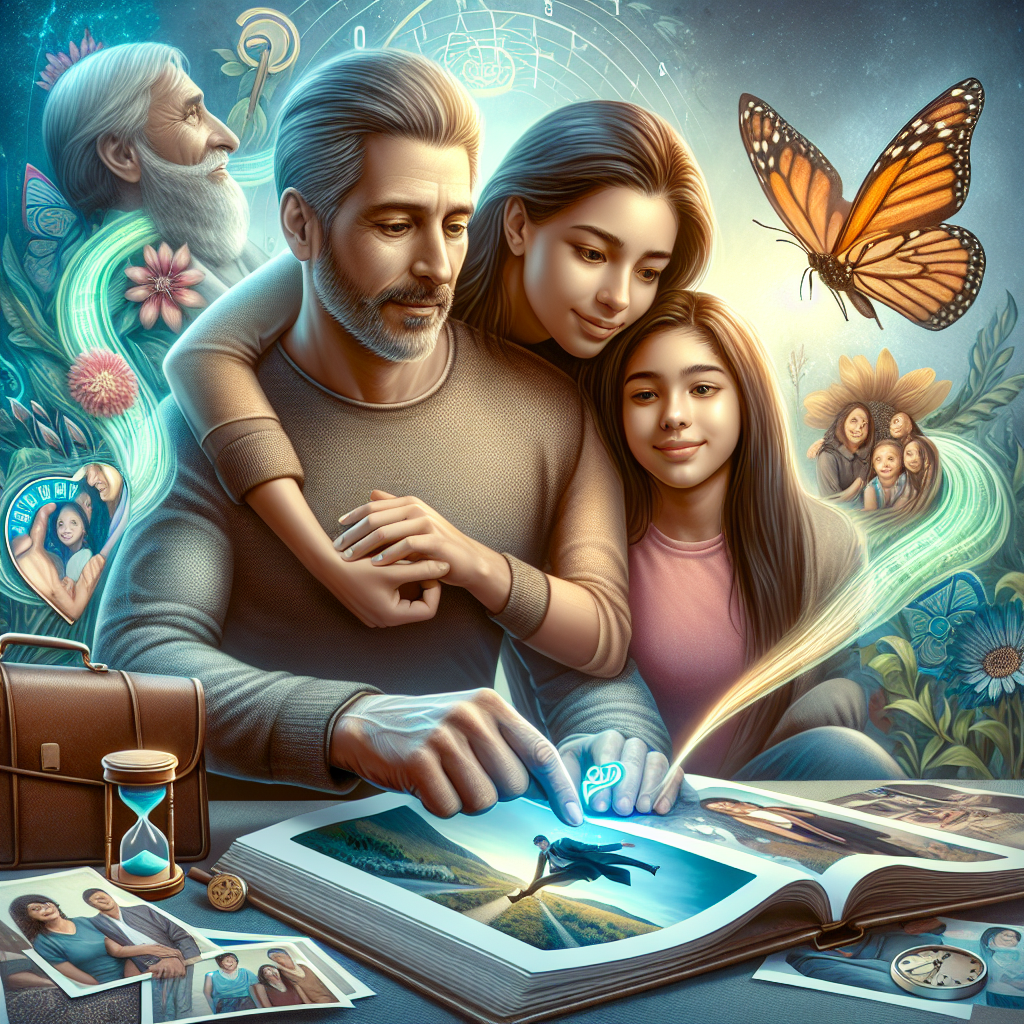 Generate a detailed, photorealistic image that captures the concept of 'ALS Life Lessons: Uncover Family Priorities in This Transformative Journey'. The main focus should be a family, consisting of a Caucasian father, Hispanic mother, and a South Asian teen girl, sitting together and looking at a photograph album. The father appears emotional and is surrounded by supportive love. Amidst a home setting, the image should radiate themes of strength, courage, bonding, and familial love. Also, include subtle symbols of a transformative journey such as an hourglass, an open road, or a caterpillar transforming into a butterfly.