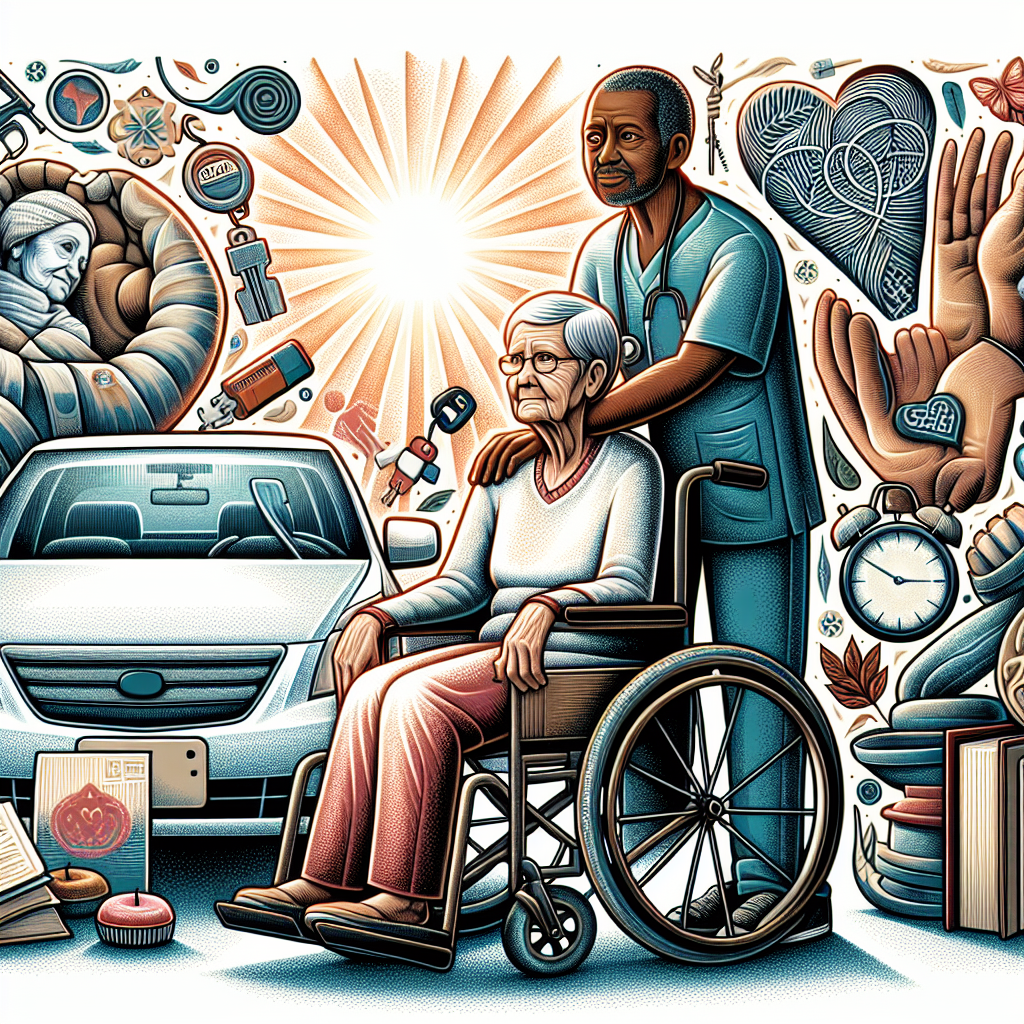 Detailed illustration showcasing the struggle of an ALS patient. The image should represent an elderly Caucasian lady with determination in her eyes, sitting in a wheelchair. Next to her should be a helpful African American male nurse with kindness portrayed on his face. Around them, we see symbols of independence slowly fading away such as a car with its keys too far to reach or a favorite book on a shelf. Everything is tinged with a certain melancholy undertone, but there's a resilient spirit visible as well. A gentle sunbeam shines through a window signaling hope amidst struggle.