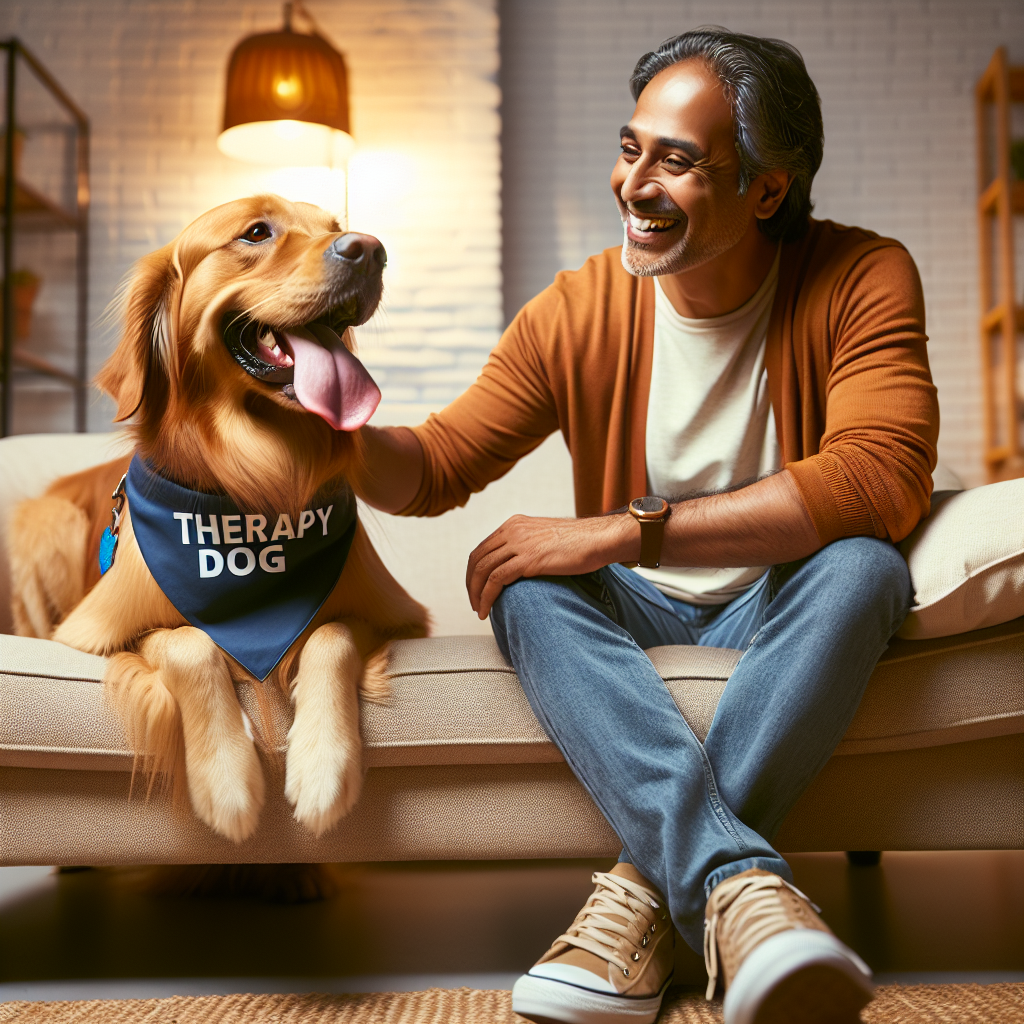 Create an emotionally touching scene in a cozy room. There's a cheerful pet therapy dog with a glossy golden retriever coat leaning into a comfortable couch. The canine's tongue is out, showing affection and bringing comfort. Sitting on the couch is a brave middle-aged South Asian man displaying a reassuring smile. He's happily receiving the dog's affection and care, clearly touched by the unconditional love. The dog has a bandana around its neck that reads 'Therapy Dog'. The room radiates warmth and the overall atmosphere communicates the powerful bond between the man and the therapy dog, showcasing the vital role such animals play in therapeutic settings, specifically for ALS patients.