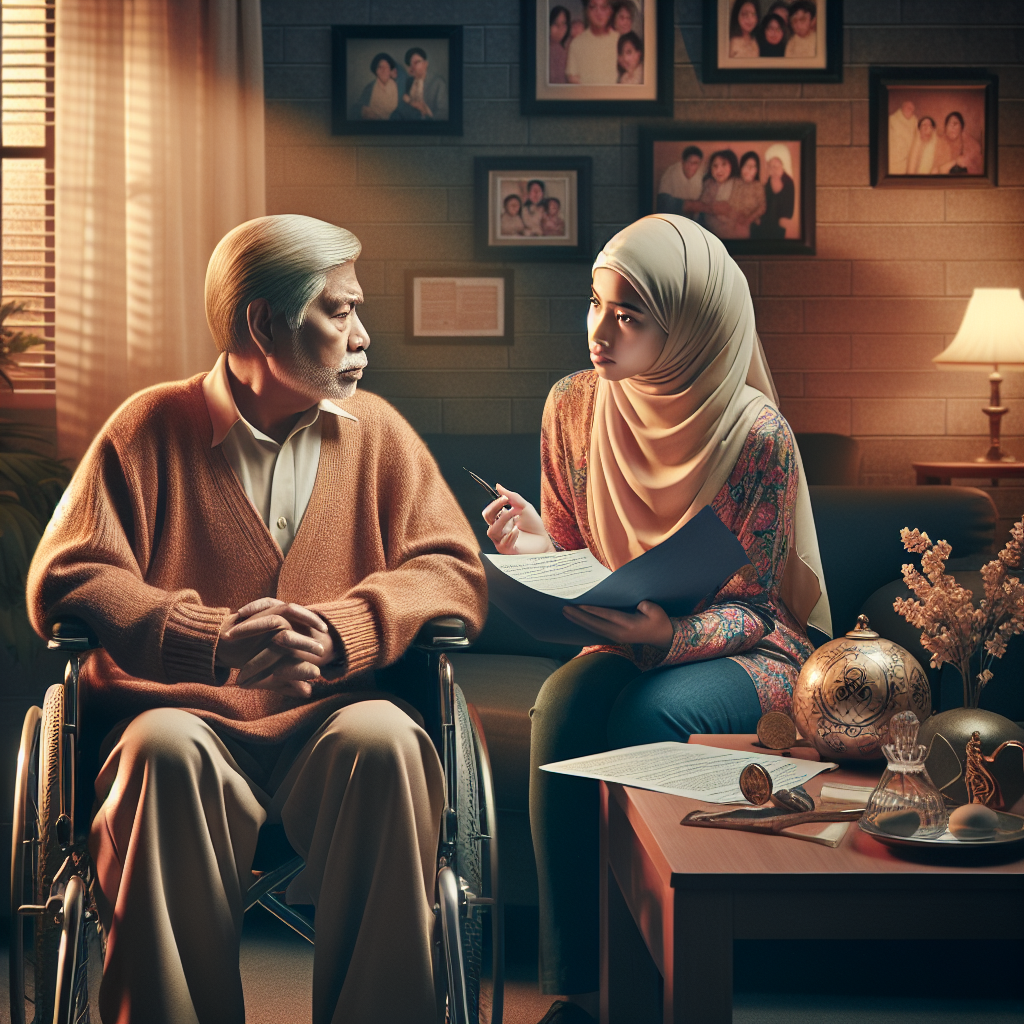 An emotive and profound scene representing resolution and ending familial disagreements related to Amyotrophic lateral sclerosis (ALS). Imagine an elderly South Asian male and a younger Middle-Eastern female, seemingly siblings, sitting in a cozy living room. The brother, showing signs of ALS, is in a wheelchair, looking calm and resilient. The sister, holding legal documents, such as a will or medical paperwork, is discussing seriously but empathetically. Also include a peaceful background with mementos like family photographs and a warm glow emanating from a nearby table lamp. The whole atmosphere reflects understanding, care, and hope amidst the challenges of illness.