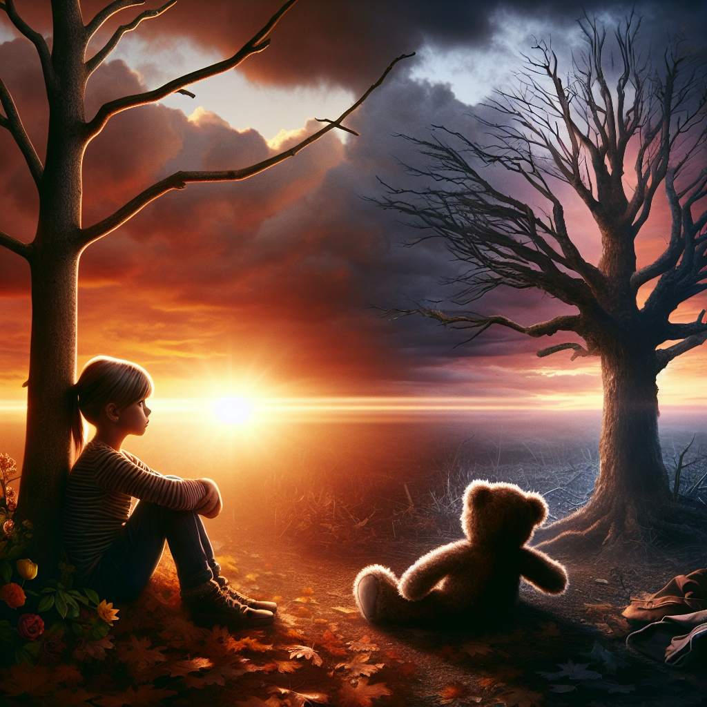 Create a high-quality, photorealistic image illustrating the concept of 'ALS Premature Maturity'. The image should evoke a sense of melancholy and loss, but also hope. It should include a young girl symbolizing 'childhood' sitting by a tree, gazing towards a sunset, with a teddy bear lying beside her, symbolizing 'innocence lost'. A lone mature tree losing its leaves nearby may represent 'premature maturity', and the sunset providing warm light signifies the hope amidst despair.
