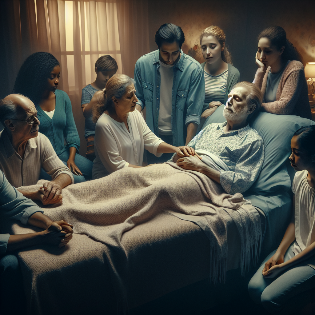 Depict an emotional scene of diverse family members gathering around a loved one's bedside in their final days fighting ALS (Amyotrophic lateral sclerosis). Visualize the scene in a quiet, dimly-lit room with soft, soothing colors that spark peace and serenity. On the bed, image a middle-aged Caucasian man showing signs of tiredness yet contentment. Sitting next to him, a middle-aged Hispanic woman, holding his hand, radiating strength and unwavering support. Near the foot of the bed, a young Black woman and a South Asian boy are seen teared-up. These diverse family members are sharing a timeless vigil, a testament to their unity and love.