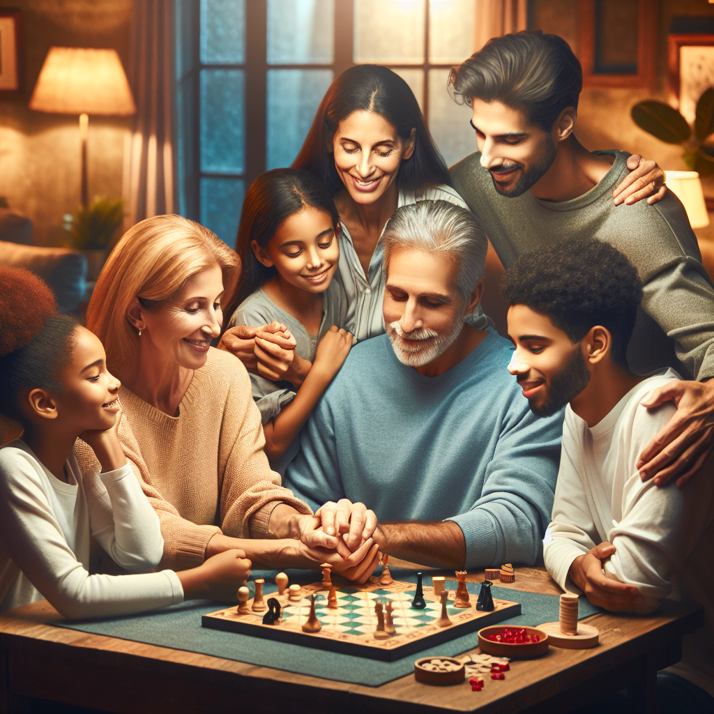 Generate a photorealistic image for an article about developing deep love and unbreakable family bonds in the context of ALS. The image should evoke emotions of love, care, strength, and resilience. It should depict a diverse set of family members - a Caucasian mother, a Black father, and their South Asian and Hispanic children - displaying affection and unity. This scene could be in the living room of their home, filled with warm lighting and comfortable furnishings. These people should be engaged in an activity together, like playing a board game or sharing a meal, symbolizing their cohesion and unbreakable bond amidst the challenges faced.