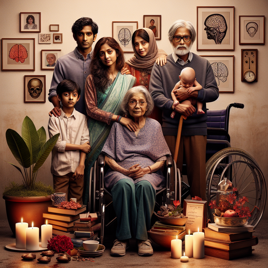 A poignant image depicting a South Asian family of various ages, including a mother, a father, two children, and a grandparent. The family is nestled together in a warm, indoor environment, their expressions the study of subtle resilience and determination. In the background are symbols of survival and thriving such as a flourishing indoor plant, cherished family photographs, and a stack of books. Intermingled these items are also signs expressing the struggle of ALS Bereavement, such as an unused wheelchair and symbolic lit candles.