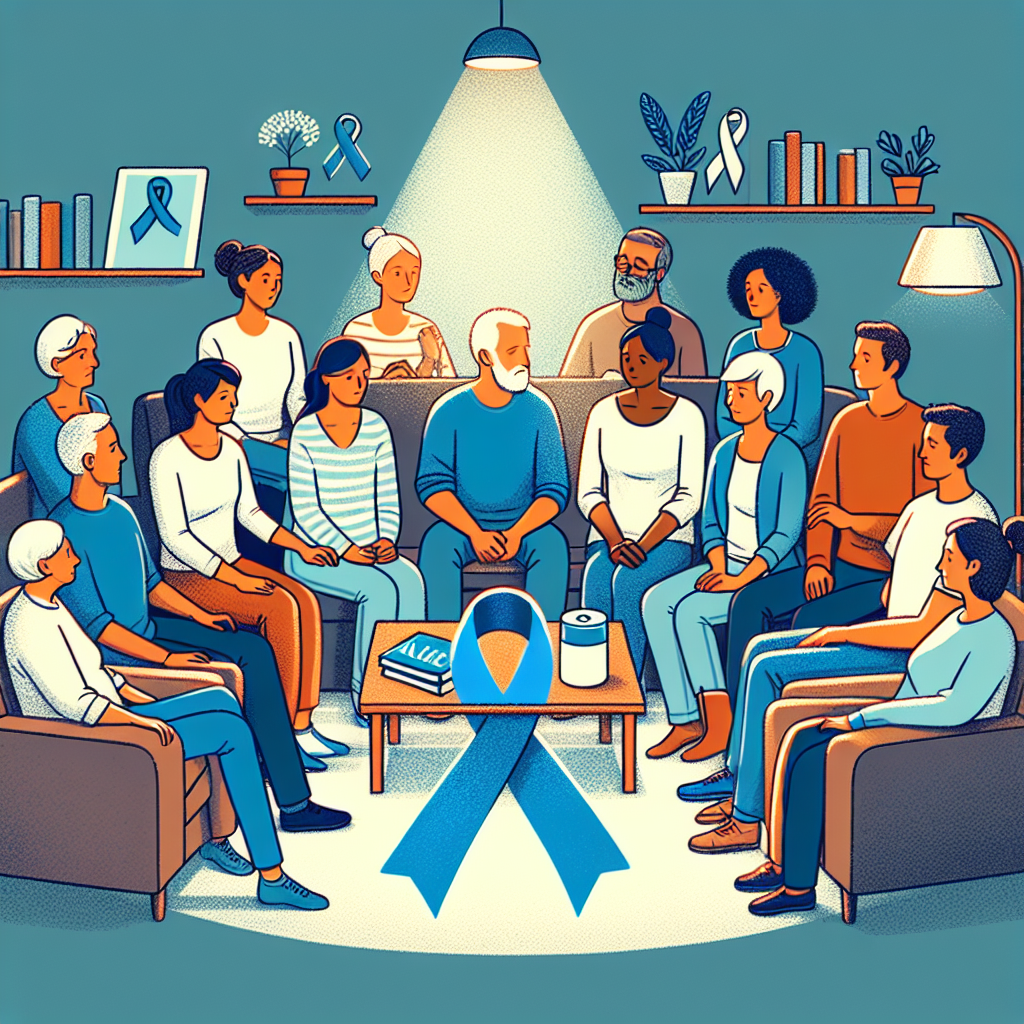 Design an impactful image for a healthcare article. Illustrate a group of diverse people of various ages, genders, and descents inclusively gathered in a comfortable setting, perhaps a living room. Everyone is engaged in a heartfelt conversation, sharing their stories. There's empathy, compassion, and interest in everyone's expressions. Include symbolic ALS elements like a blue and white ribbon laying on a coffee table, and a book about family care on the shelf. Lighting is cozy yet hopeful, demonstrating that there's comfort in sharing experiences and finding collective strength.