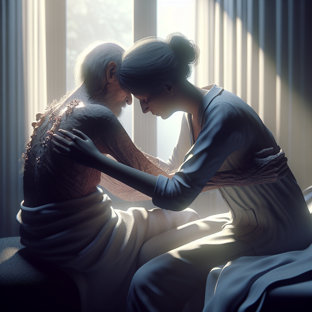 Generate a photorealistic, high-quality image that communicates the harsh limits of physical infirmity due to ALS. The scene should show two individuals, perhaps family members or friends, where one person is clearly afflicted with ALS. The limitations of this illness prevent a sincere, heartfelt hug. Natural light filters through a window, casting soft shadows, highlighting the poignant, heartbreaking human moment of loss that ALS brings.