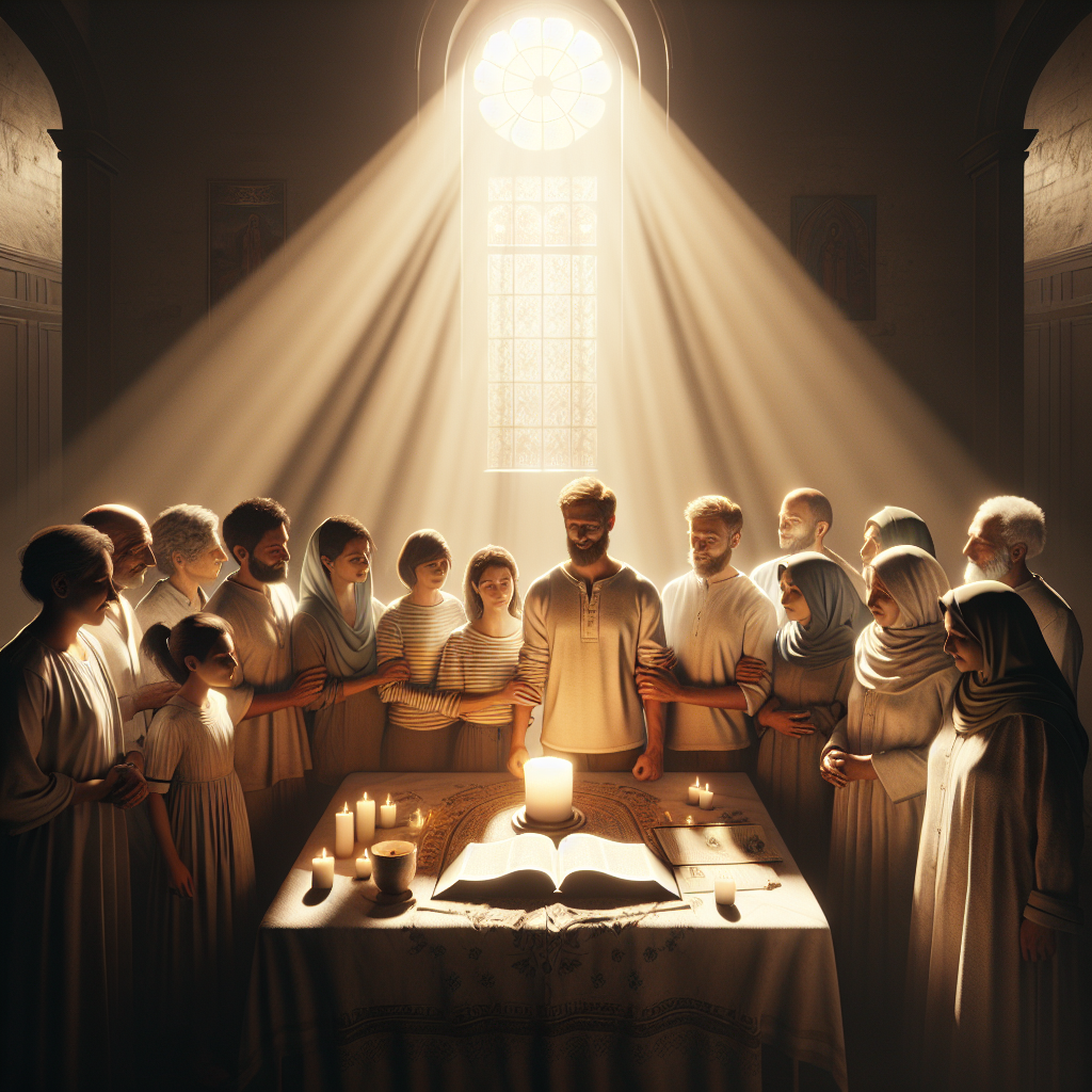 Generate a high-quality, photorealistic image exhibiting natural lighting and soft shadows. The image portrays an unbreakable family's faith journey, reflecting how spirituality transforms struggles. In the scene, depict a diverse family standing together, their faces filled with determination and underlying peace. They are circled around a shining light that symbolizes their faith. Soft rays of the sun pour into the room, casting serene and gentle shadows. The room is filled with symbols of spirituality like an open holy book, softly glowing candles, and faith-centric wall art. The image has a warmth that symbolizes the strength derived from spirituality amidst challenges.