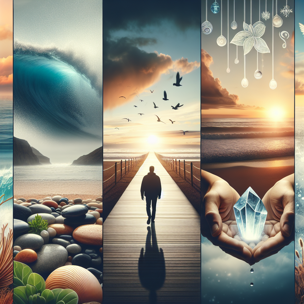 Create an image that symbolizes the journey to overcome anxiety related to ALS. Showcase a scene filled with calming elements, opposition to natural forces and a path leading towards a hopeful horizon. The scene could encompass a serene beach with soft crashing waves under a gentle sunset, a lone figure walking towards the fading sunlight, embodying courage and determination, and a hand clenching a crystal hinting at the cure or development in overcoming fear. All these elements should create a sense of security, calmness and optimism under the natural light casting soft shadows.