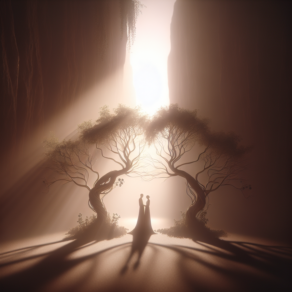 Generate a high-quality, photorealistic image depicting a resilient and enduring love. The scene should embody the concept of strength in marriage. Represent this through symbolic elements, like two sturdy trees with intertwined branches under soft, natural lighting. The overall ambiance should reflect the challenging journey of love, resilience, and unshakeable commitment. The presence of soft shadows is essential to enhance the depth and feel of the image.