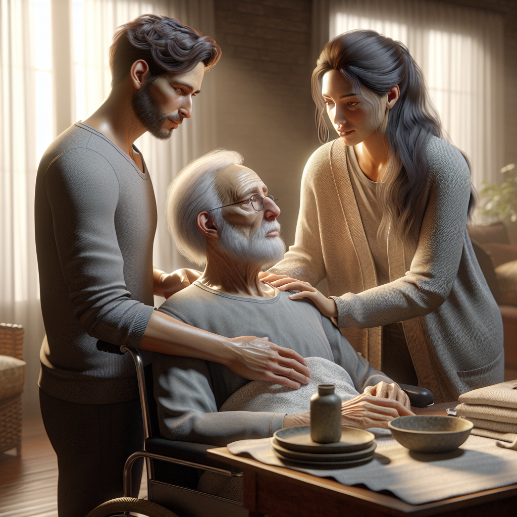 An emotional scene represented in a high-quality, photorealistic style, with natural daylighting and soft shadows. It portrays a Caucasian male and a Hispanic woman who are adult siblings. They are seen in the role of caregivers for an elderly Middle-Eastern man afflicted with ALS. The siblings are compassionately assisting him, showing the essentiality of their roles. Many elements of caregiving, such as setting up a cozy living environment and meaningful interaction, are displayed. This image speaks to the strength of family bonds, the unfortunate realities of ALS, and the necessity for sibling support in these challenging times.