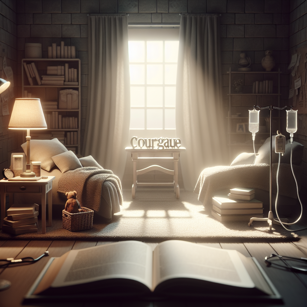A touching scene depicting the personal journey of a courageous individual, denoted by a strong sense of resolve and bravery. Direct your attention to a softly lit setting, perhaps a comfortable living room setting with an oversized window to allow natural light to filter in, casting soft shadows around the room. An open book on a table nearby may suggest a journey of knowledge or understanding, and discreet medical equipment subtly conveys choice related to health matters. In this scene, ensure no specific individual is identified, remaining focused on the atmosphere and symbolism.