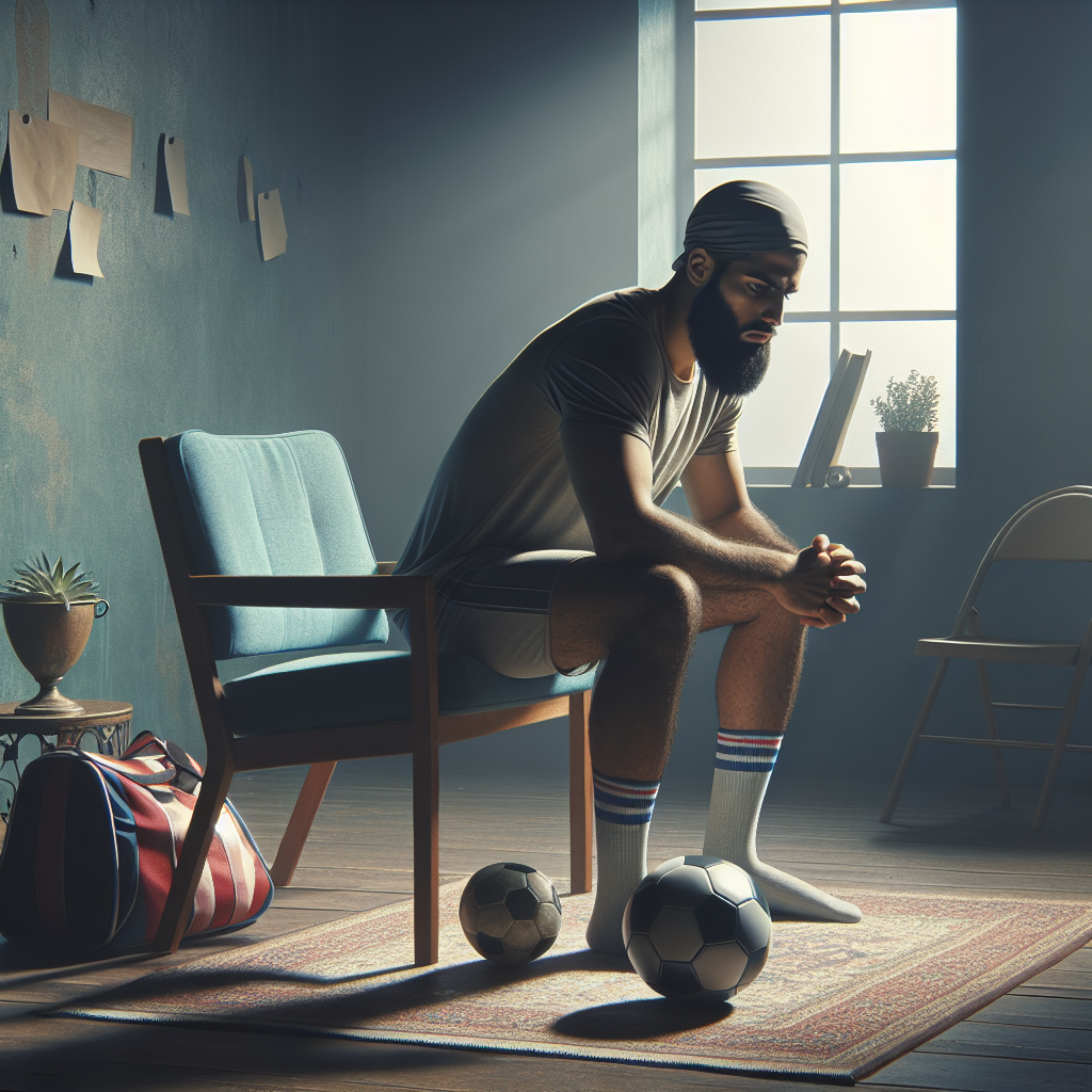 Generate a picture using natural lighting and soft shadows that depicts a scene related to the theme of 'ALS Social Withdrawal: Uncovering the Challenge for Former Athletes'. This should include an indoor setting with a male middle-eastern former soccer player sitting contemplatively in a chair, next to a vacant chair and a soccer ball on the floor. Additionally, include decorative items related to his past athletic career. The setting should evoke feelings of isolation but also resilience and courage under adversity.