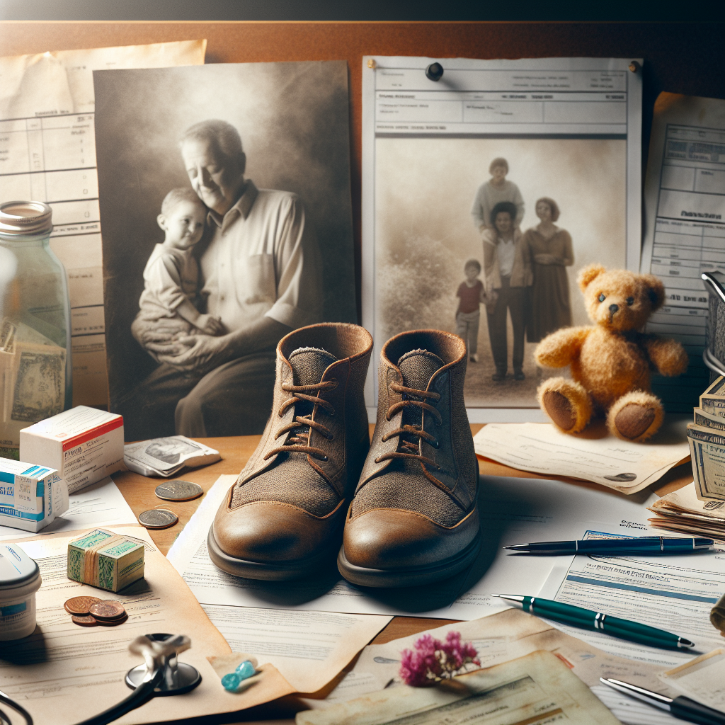 Create a powerful and photorealistic image representing the unseen family sacrifice in the fight against ALS (Amyotrophic lateral sclerosis). Use natural lighting and soft shadows to highlight a pair of empty shoes symbolizing the unseen warrior, surrounded by a clutter of medical documents, research papers, and bills. Add a soft focus on a small, worn-out teddy bear suggesting a child's presence, and display a faded photograph of a happy family in the background. Use muted colors to convey the emotional weight of the situation.