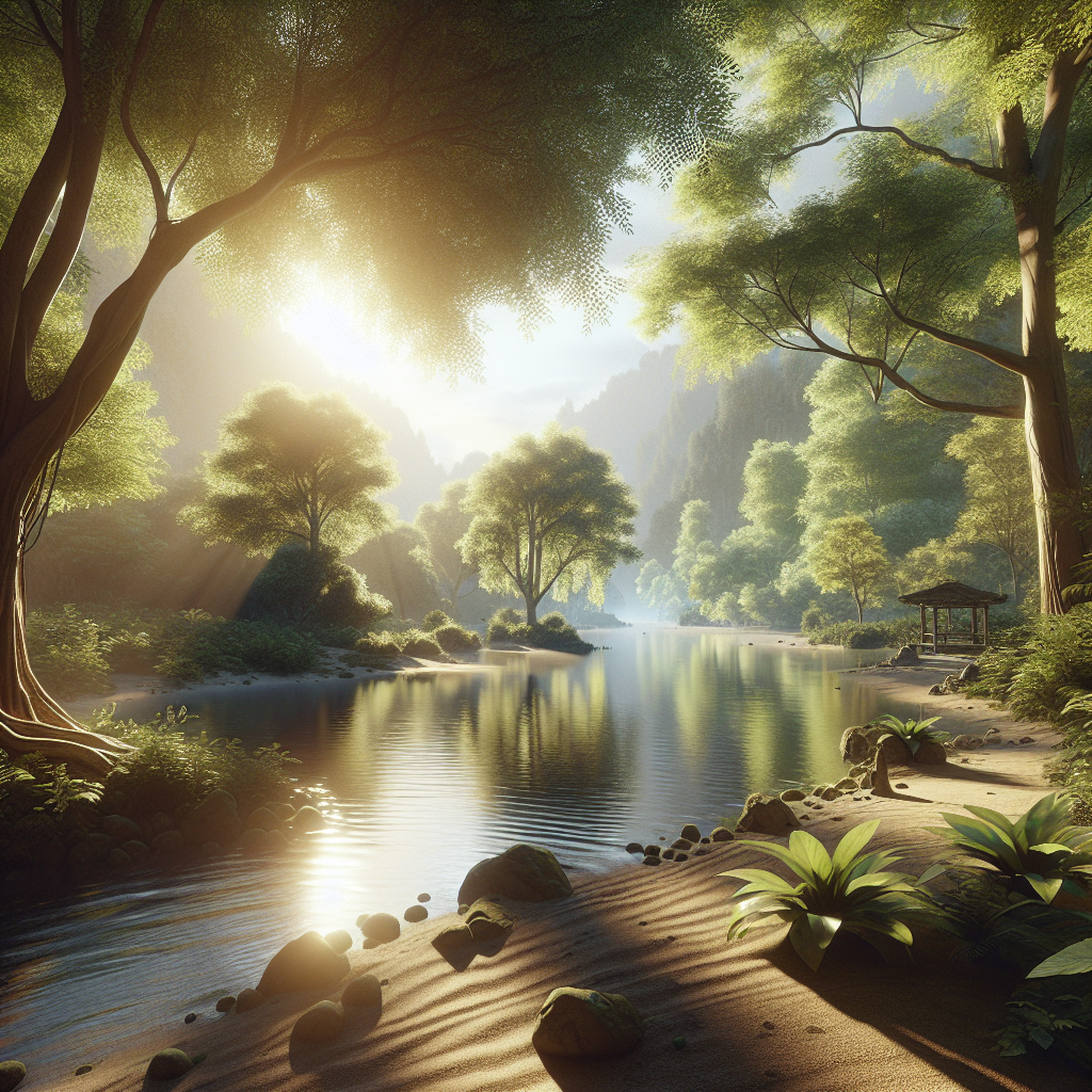 Generate a photorealistic image where the setting is a serene environment conducive for mindfulness. The scene should incorporate natural lighting, soft shadows, and evoke a sense of tranquility. Perhaps it may include elements such as a calm lake, lush greenery, unveiled, or a tranquil garden. The atmosphere ought to represent the invaluable nature of time and depict moments synonymous with tranquility and mindfulness.