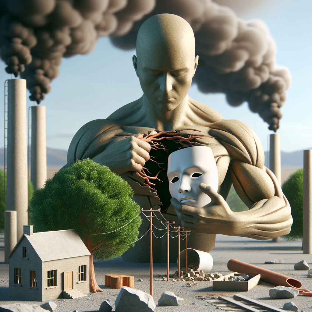 Create a photorealistic image symbolising the emotional burden associated with ALS (Amyotrophic Lateral Sclerosis). The image should include a symbolic representation of a mask being removed to signify unmasking patient guilt. Incorporate elements signifying power and reality, like strong trees or concrete objects. Use natural lighting with soft shadows to highlight the elements in the scene.